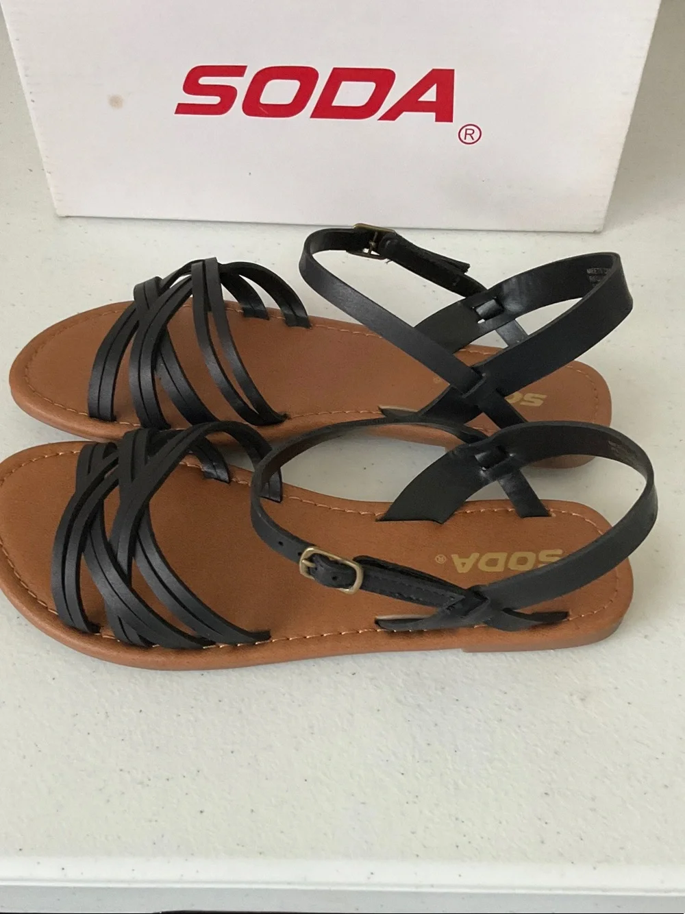 SODA Black Strappy Ankle Sandals with Tan Footbed